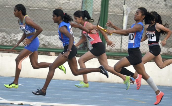 The women's 4x100m relay team in action during the National Inter-State Athletics Championship in Patiala on Friday.