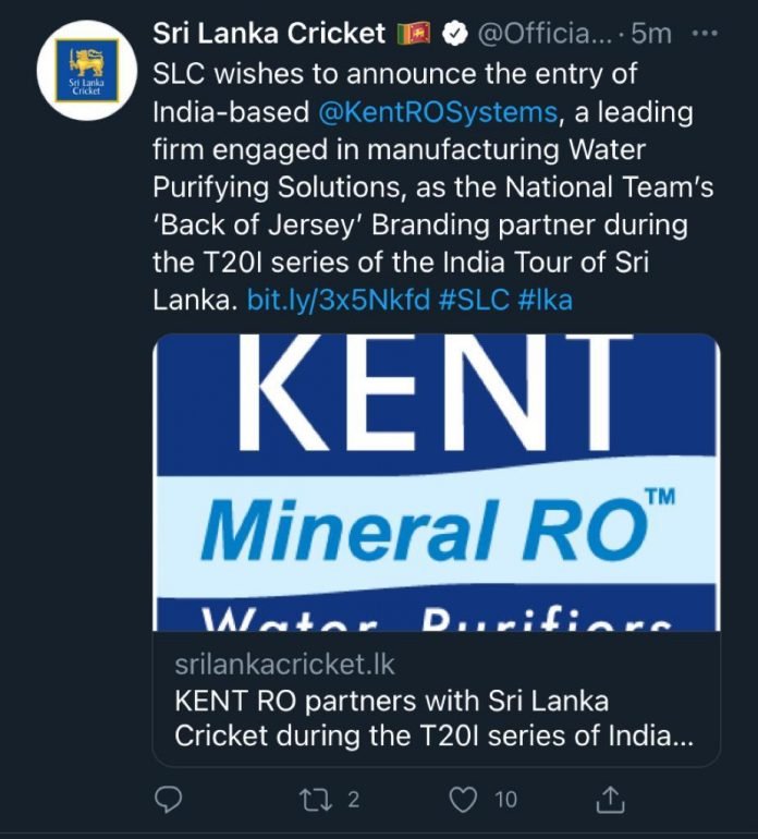 Kent RO will be the Sri Lanka team’s ‘Back of Jersey’ branding partner during the T20I series against India in July.