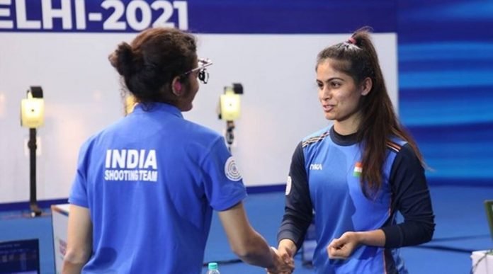 Yashaswini Deswal (left) and Manu Bhaker after India got bronze in the women's 10m air pistol at the ISSF World Cup in Osijek, Croatia on Friday. Photo: IndianExpress.com