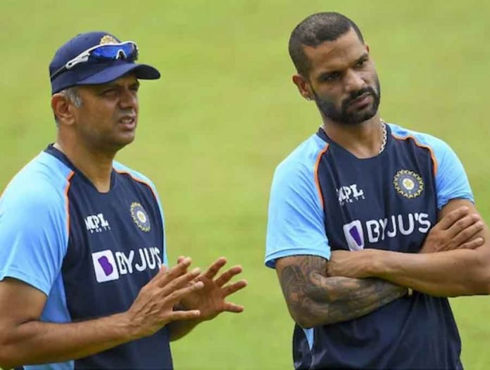 Coach Rahul Dravid with Indian skipper Shikhar Dhawan during practice session ahead of the limited overs series in Sri Lanka.