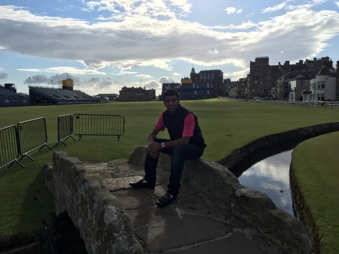 Kurush Heerjee at the Old Course in St Andrews, the venue of next year's 150th Open Championship. For the past three months, Kurush has been tweeting daily to catch John Daly's attention and join him for a drink at The Open.