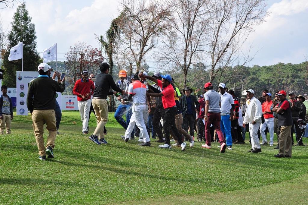 Celebrations on the 18th green of the Shillong Golf Club after Honey Baisoya won the Chief Minister's Meghalaya Cup to announce his arrival on PGTI.