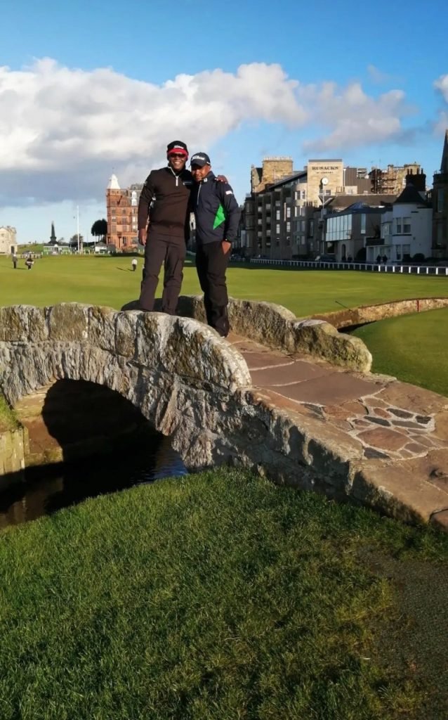 Sunshine Tour professional Toto Thimba Jnr. (left) and his caddie, Colin, stop for the traditional photo on the famous Swilcan Burn bridge on the Old Course during his practice round before his debut in this week’s Alfred Dunhill Links Championship in St Andrews.