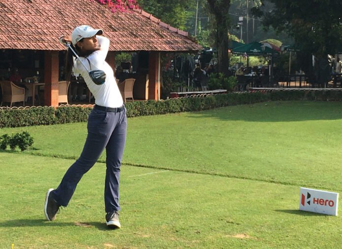 Round 1 leader Lakhmehar Pardesi in action at Tollygunge Club on Wednesday.